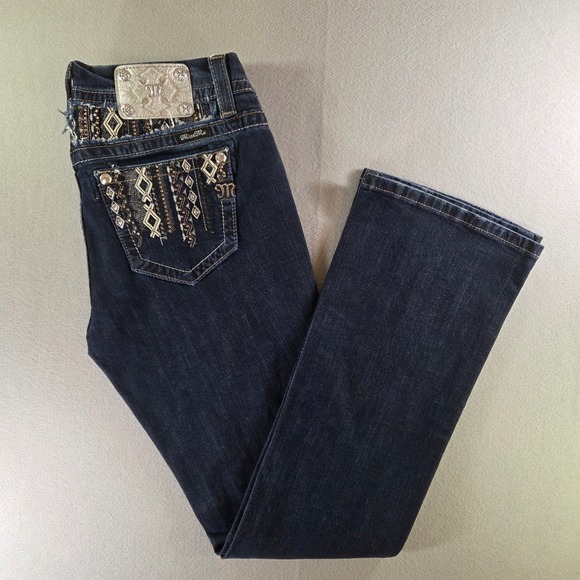 Miss Me Denim - Miss Me Mid Rise Easy Bootcut Jeans Dark Wash Embroidered Size 29 Y2K 2000s Boho